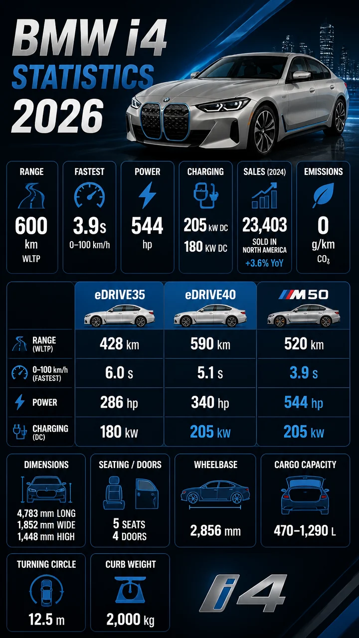 BMW i4 Statistics 2026: Range, Performance, Sales, and Specs Behind BMW’s Electric Gran Coupé