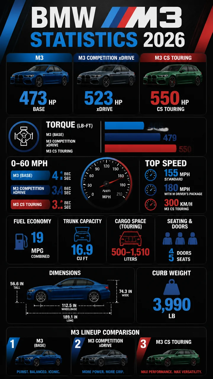 BMW M3 Statistics 2026: Horsepower, Speed, Dimensions, and M3 CS Touring Facts That Define BMW’s Iconic Sports Sedan