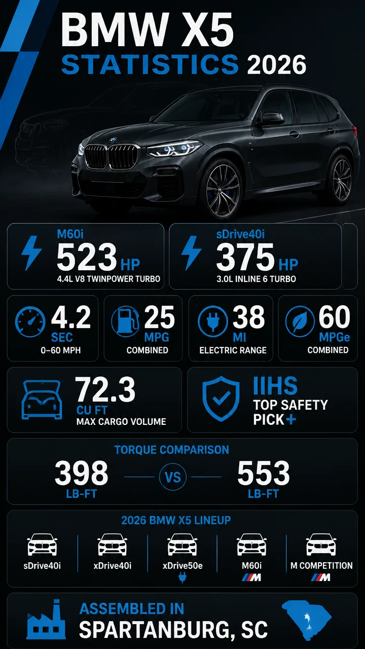 BMW X5 Statistics 2026: Power, MPG, Cargo Space, Safety Ratings, and Sales Trends