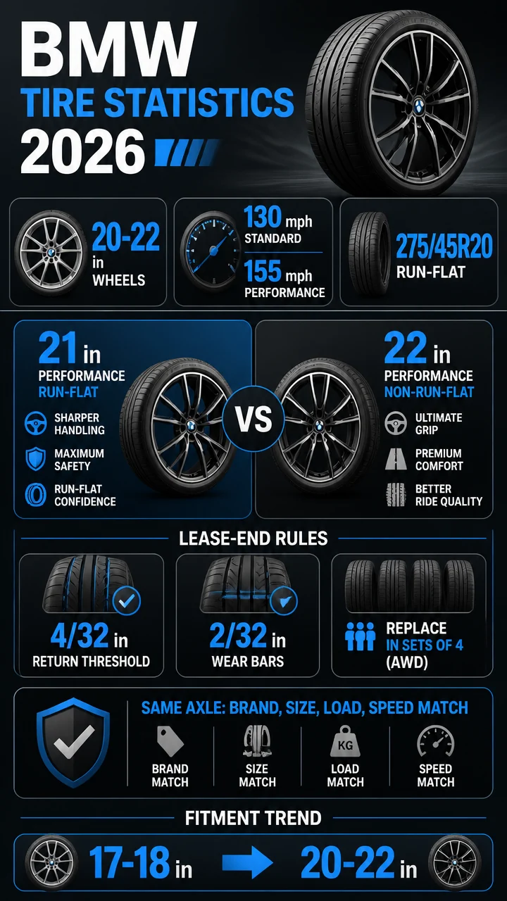 BMW Tire Statistics 2026: Fitment Trends, Wheel Sizes, Run-Flat Data, and Lease-End Rules